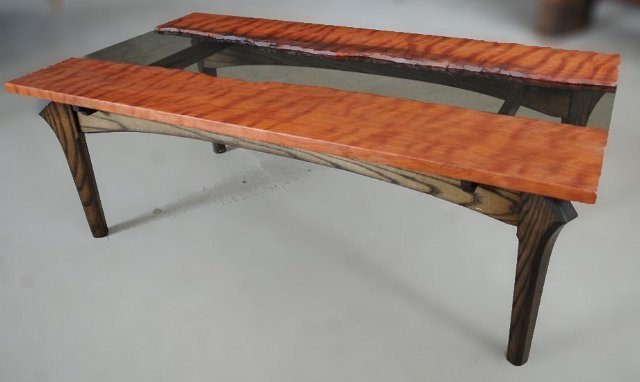 Curly redwood glass ash coffee table