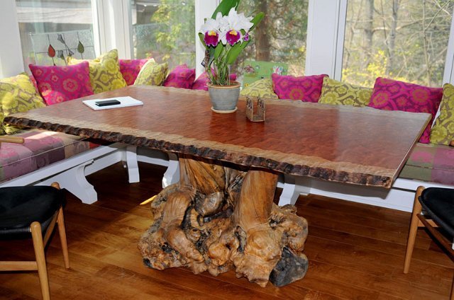 Bubinga dining Table with Intricate Buckeye Root Burl Base